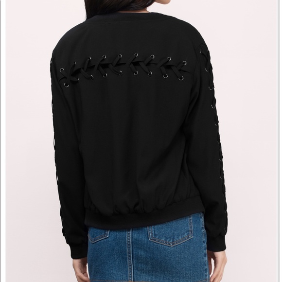 Black Bomber Jacket Lace Up Sleeves sz S/M - Picture 3 of 6